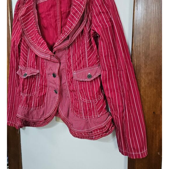 Stefanel Red White Stripped Ruffle Jacket Size 12 Large Button Front 100% Cotton - Picture 5 of 12